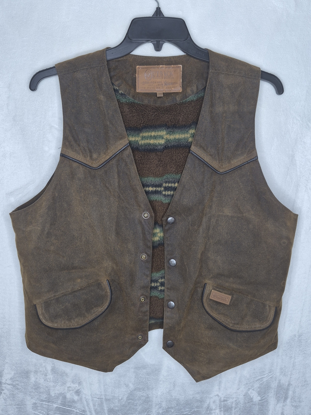 Outback Trading Co Cliffdweller Oilskin Southwestern Blanket Lined Vest Brown M